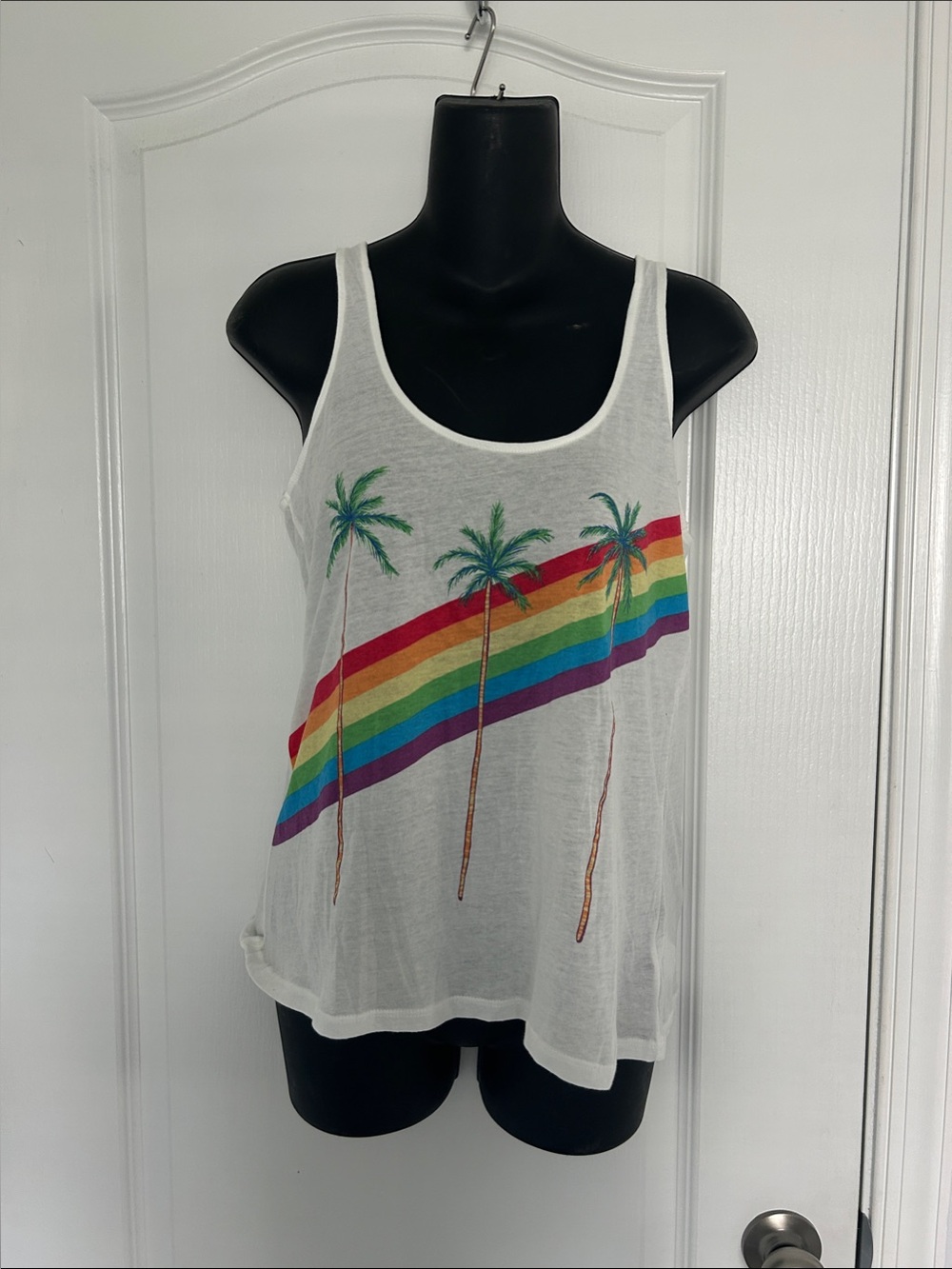 Wildfox White Tank with Rainbow‎ Stripe and Palm Trees Graphic